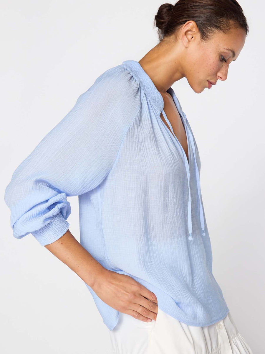 Amaia blue crepe popover blouse side view