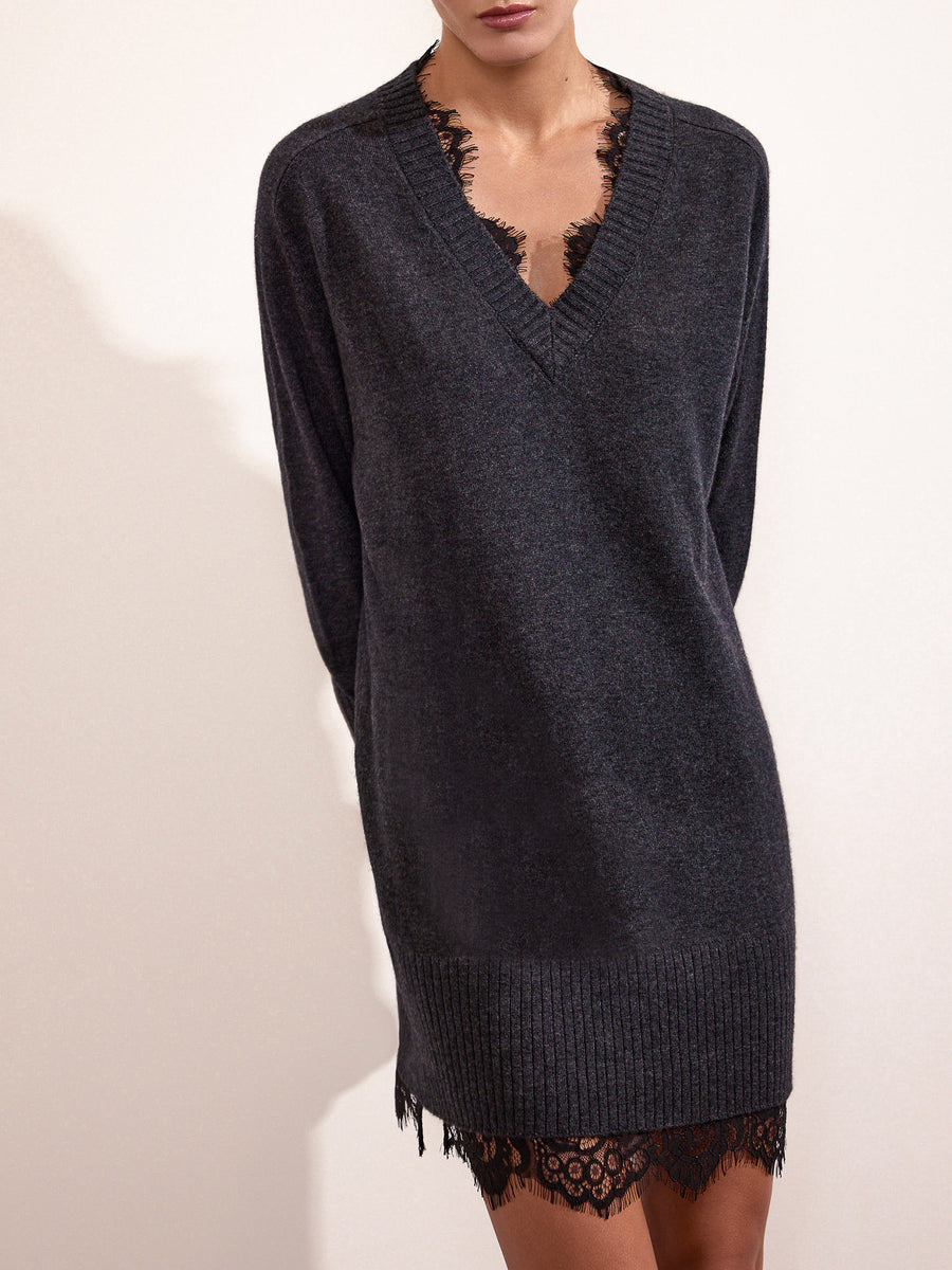 Amiri mini grey black lace sweater dress front view