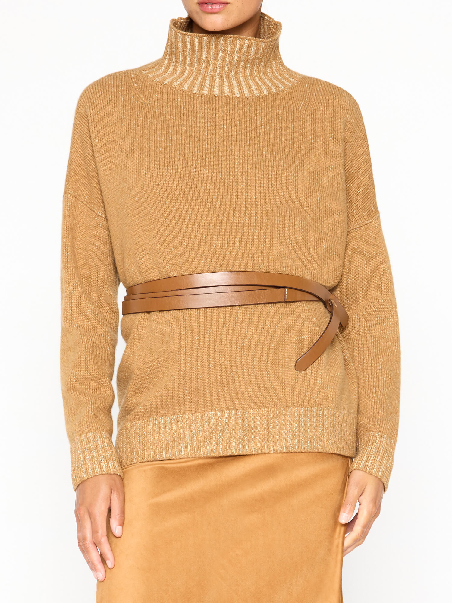 Ana tan turtleneck sweater front view 3
