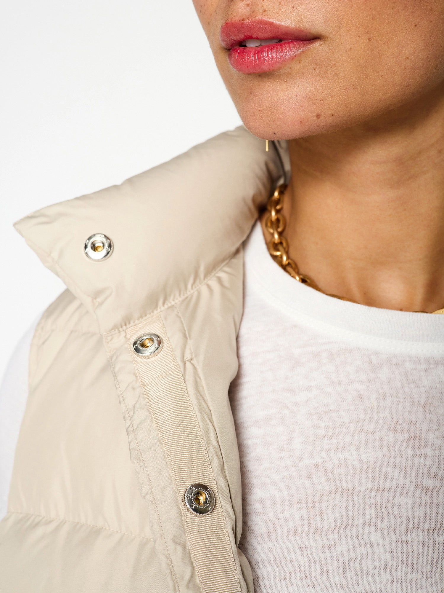 Anders nylon down beige puffer vest close up