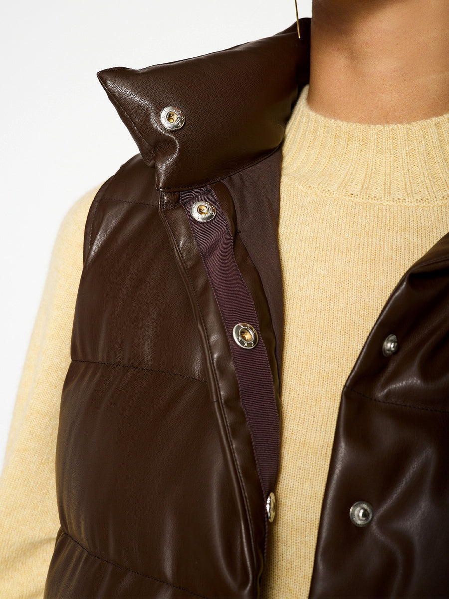 Anders brown vegan leather down puffer vest close up
