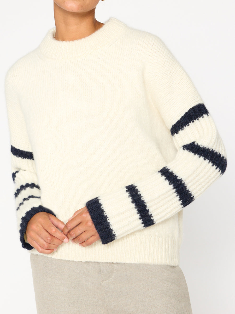 Anton ivory stripe crewneck sweater front view 2