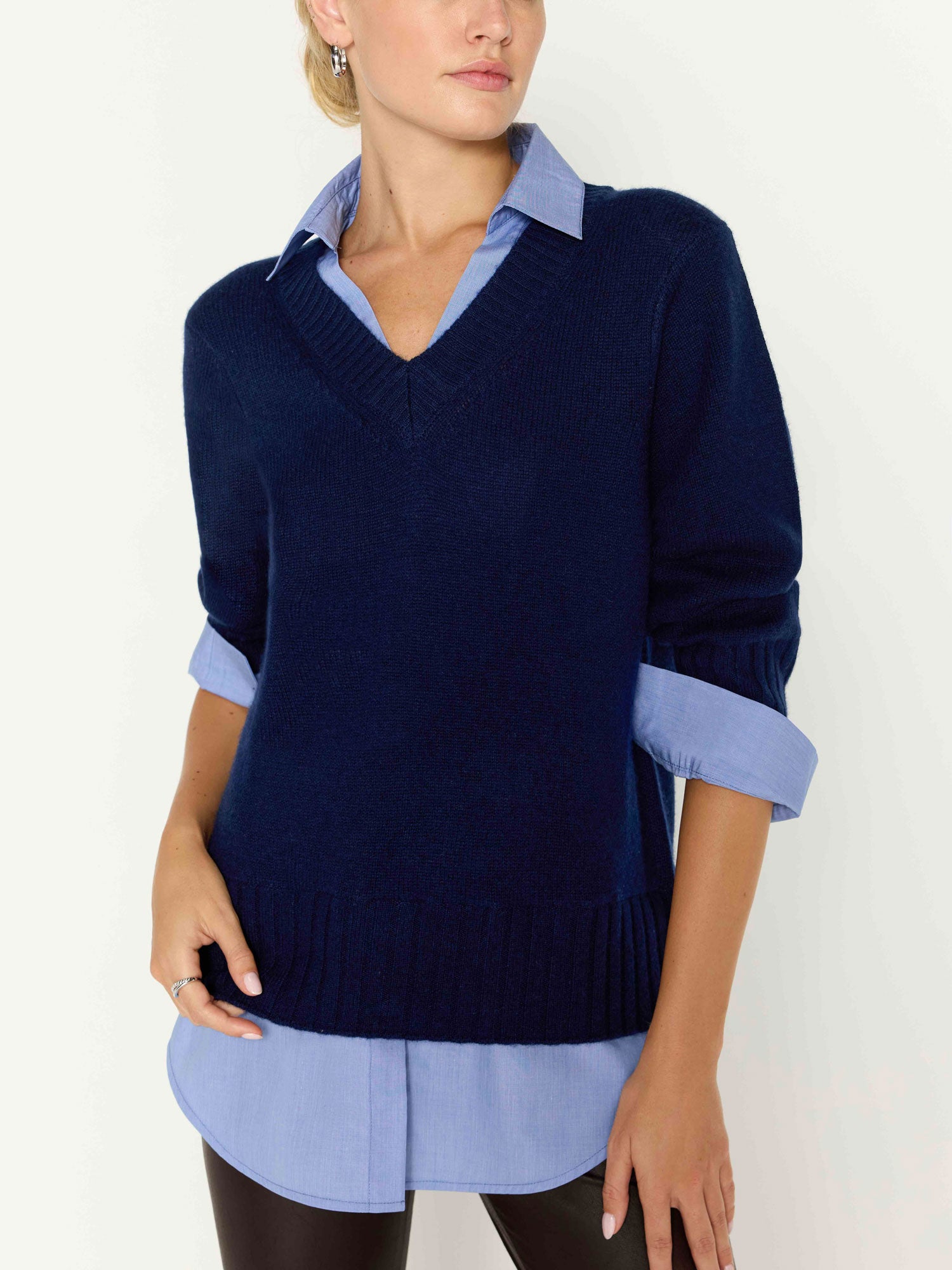 Arden navy blue oxford layered v-neck sweater front view 3