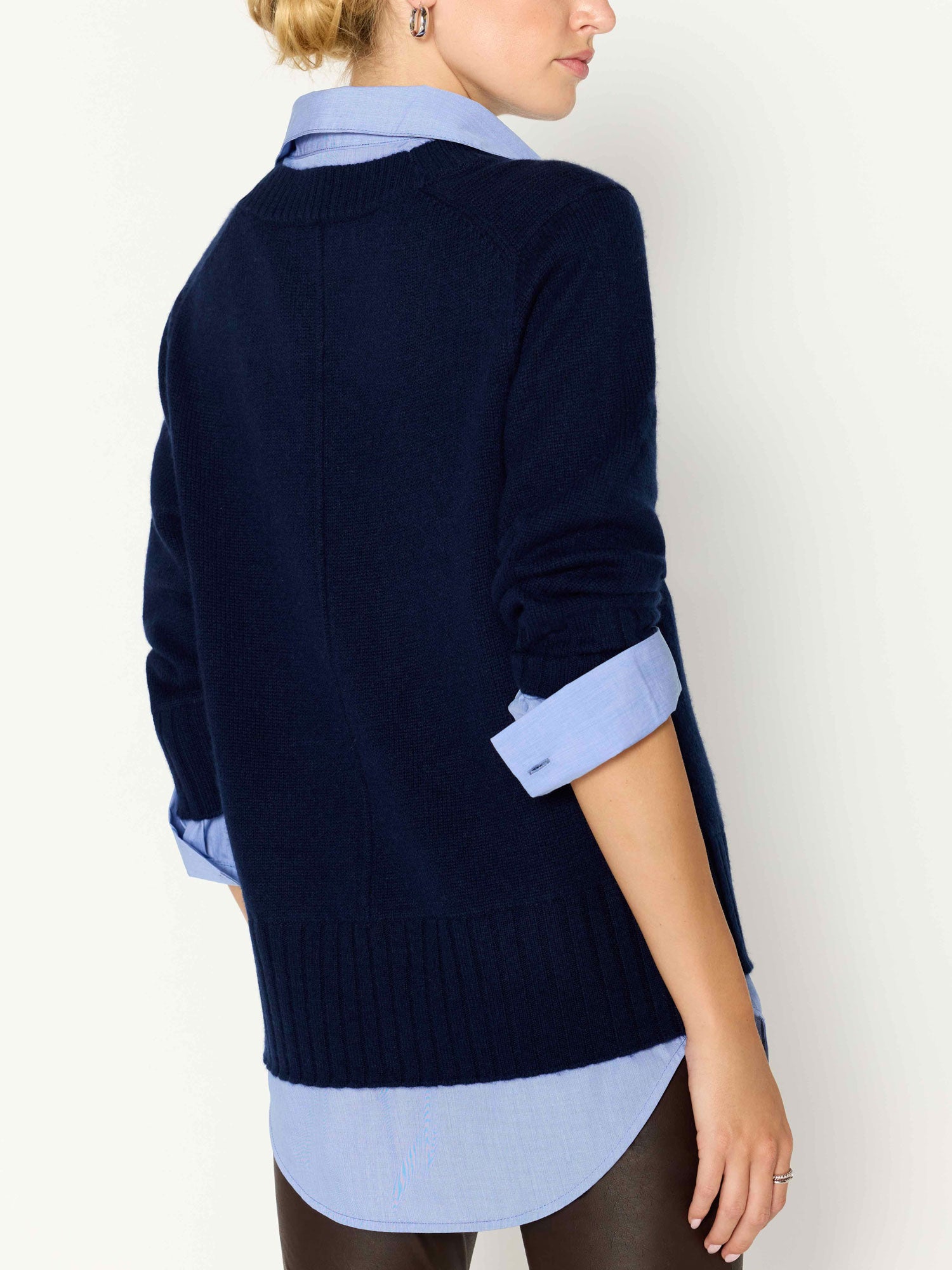 Arden navy blue oxford layered v-neck sweater back view