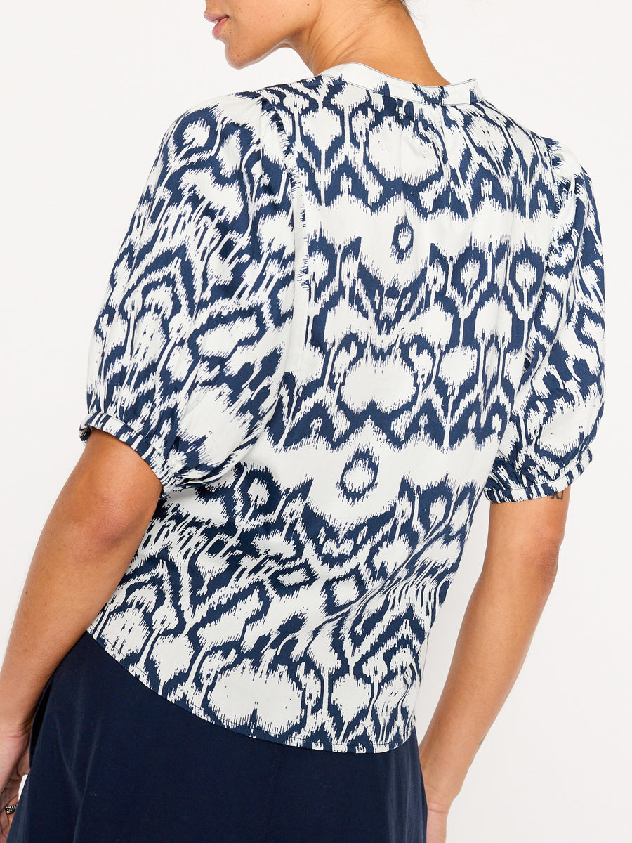 Asteria blue and white printed cotton-satin blouse back view