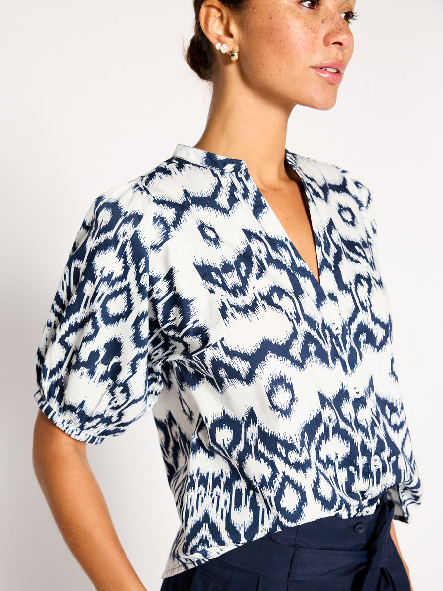 Asteria blue and white printed cotton-satin blouse side view