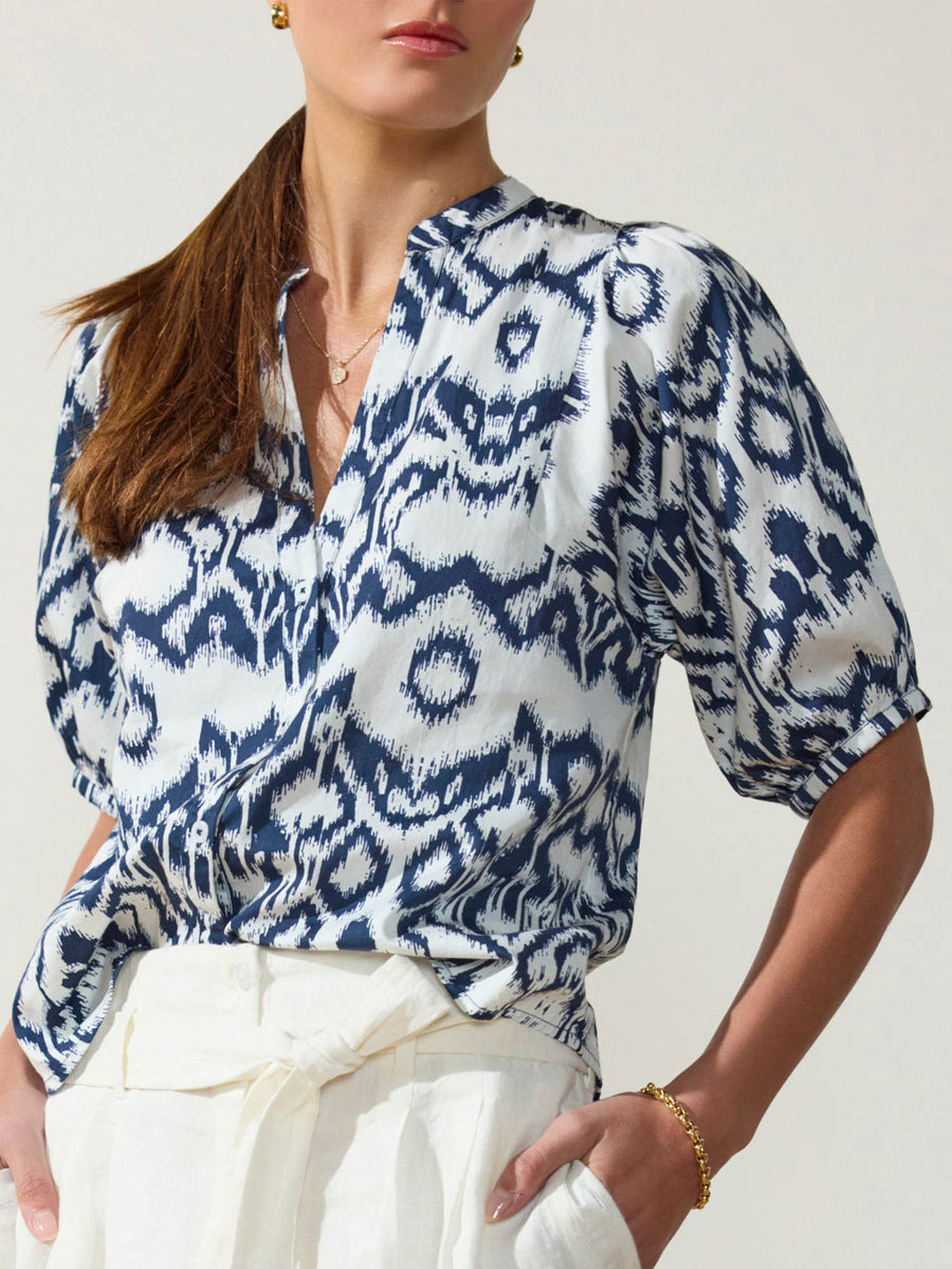 Asteria blue and white printed cotton-satin blouse front view