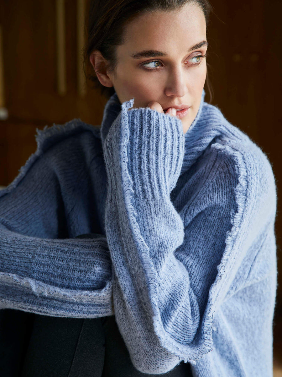 Odene fringe blue wool cashmere turtleneck sweater front view 2