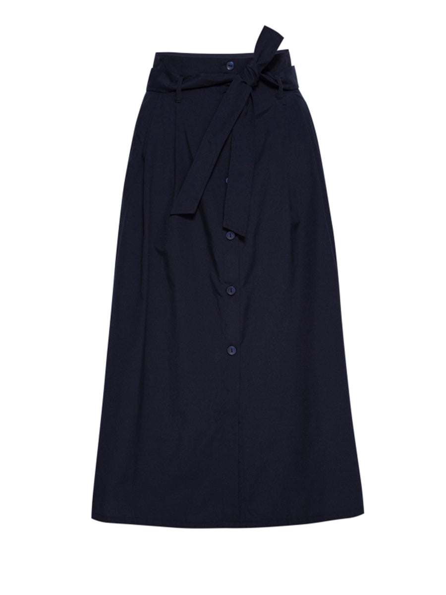 Teagan navy belted button front midi skirt flat view