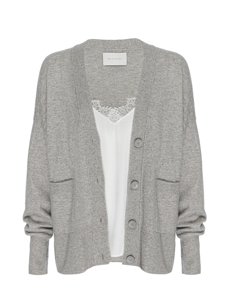Lace light grey layered cardigan sweater flat view
