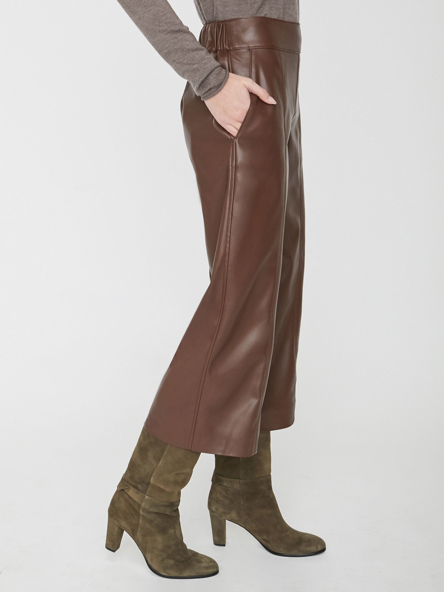 Frida cropped brown vegan leather pant side view