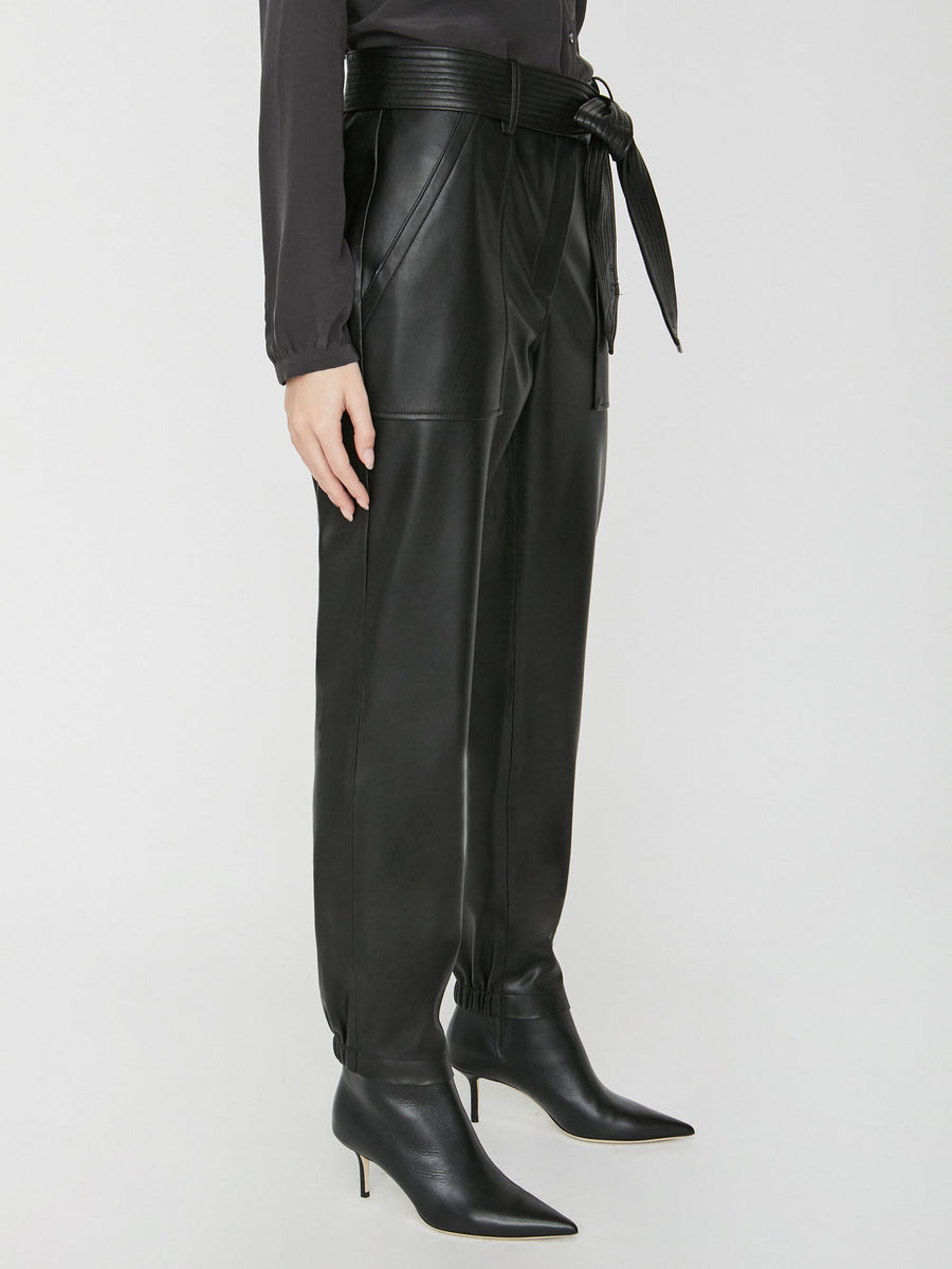 Tide pull-on black vegan leather jogger pant side view