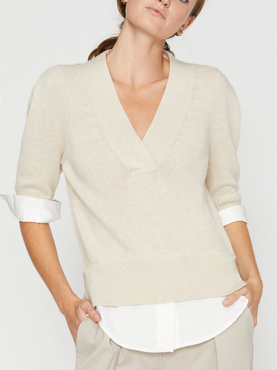 Lucie layered three-quarter sleeve v-neck sweater front view 2