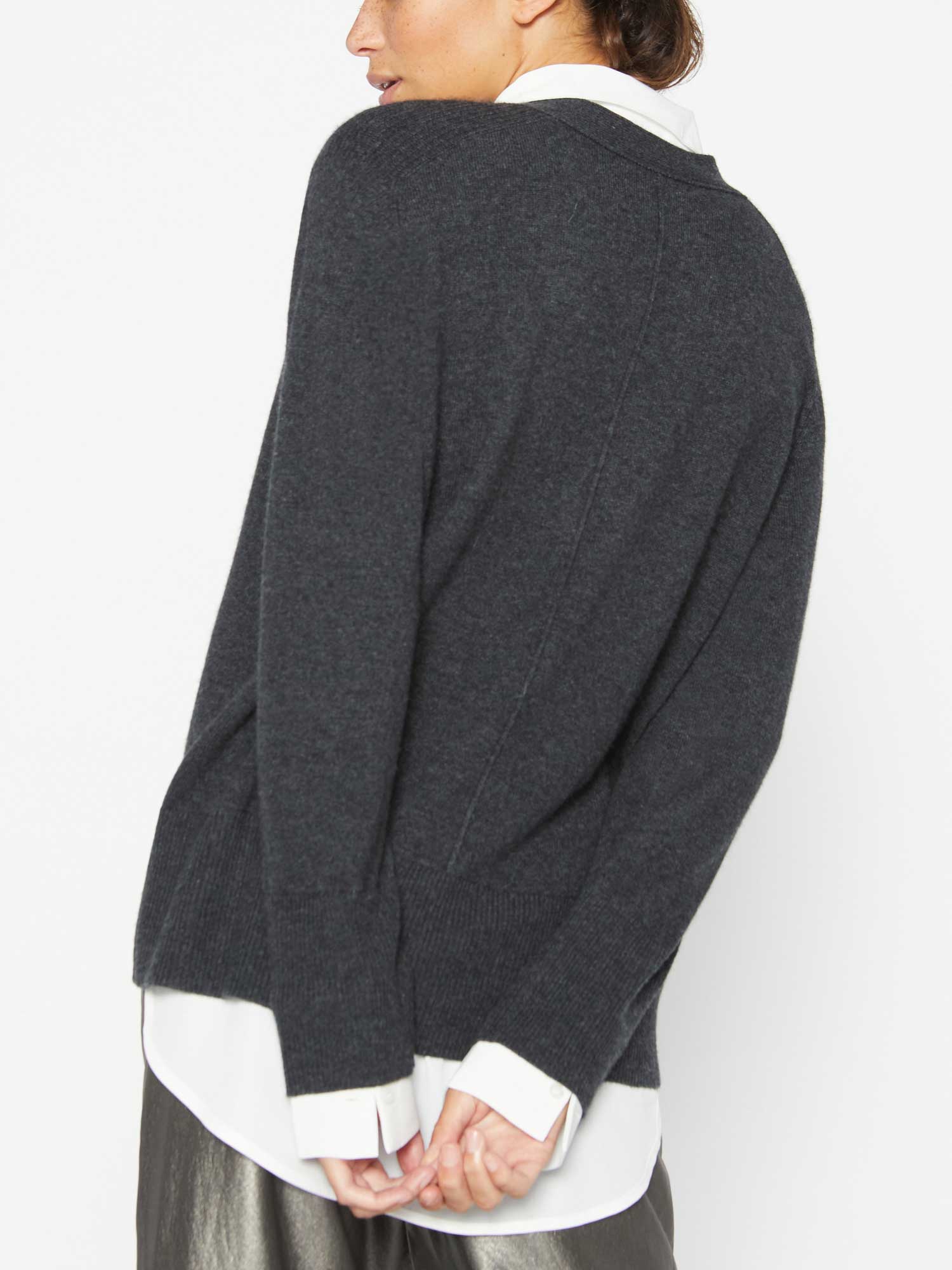 Callie dary dark grey layered cardigan sweater back view
