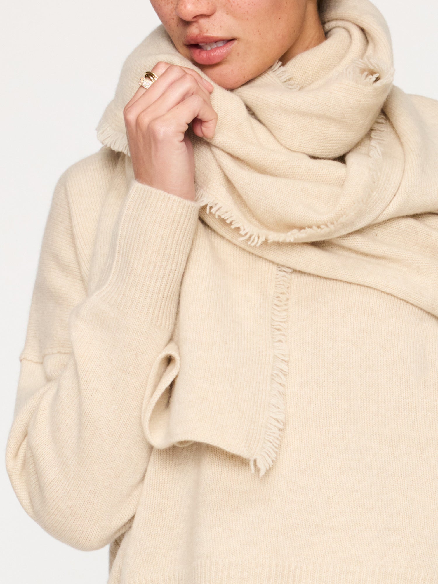 Cashmere fringe ivory wrap front view