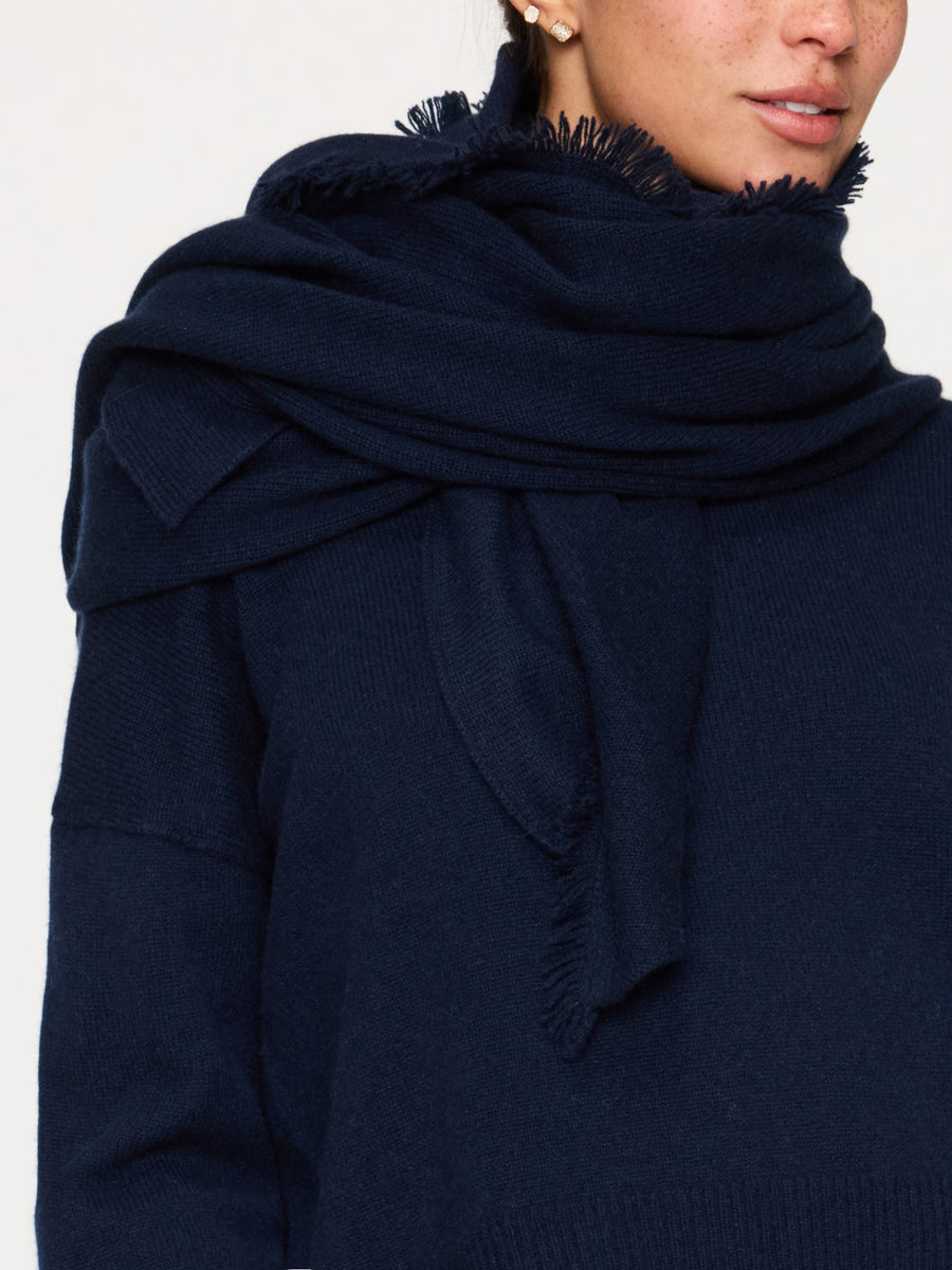 Cashmere fringe navy wrap scarf view
