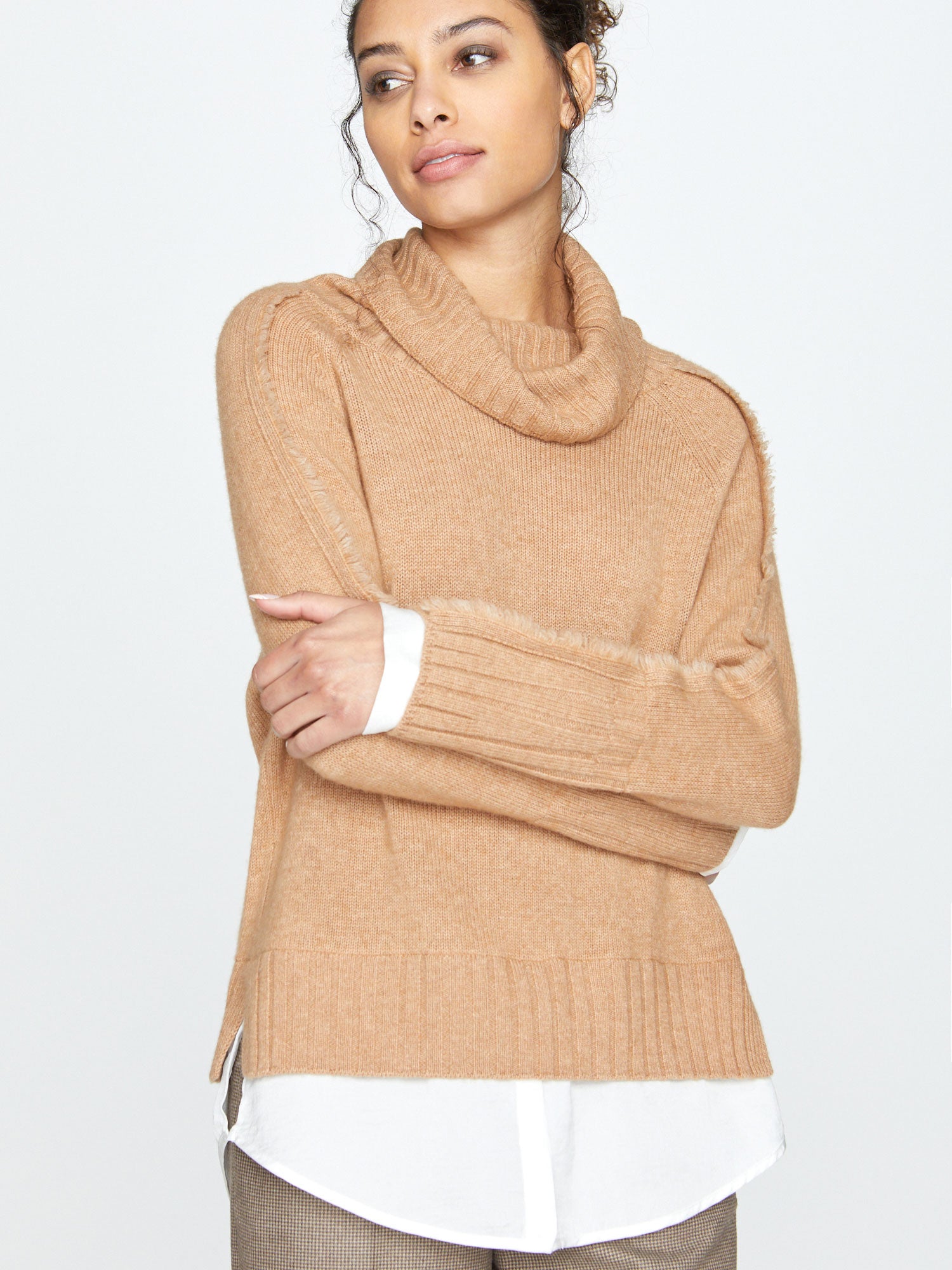 Jolie tan layered turtleneck sweater front view 2