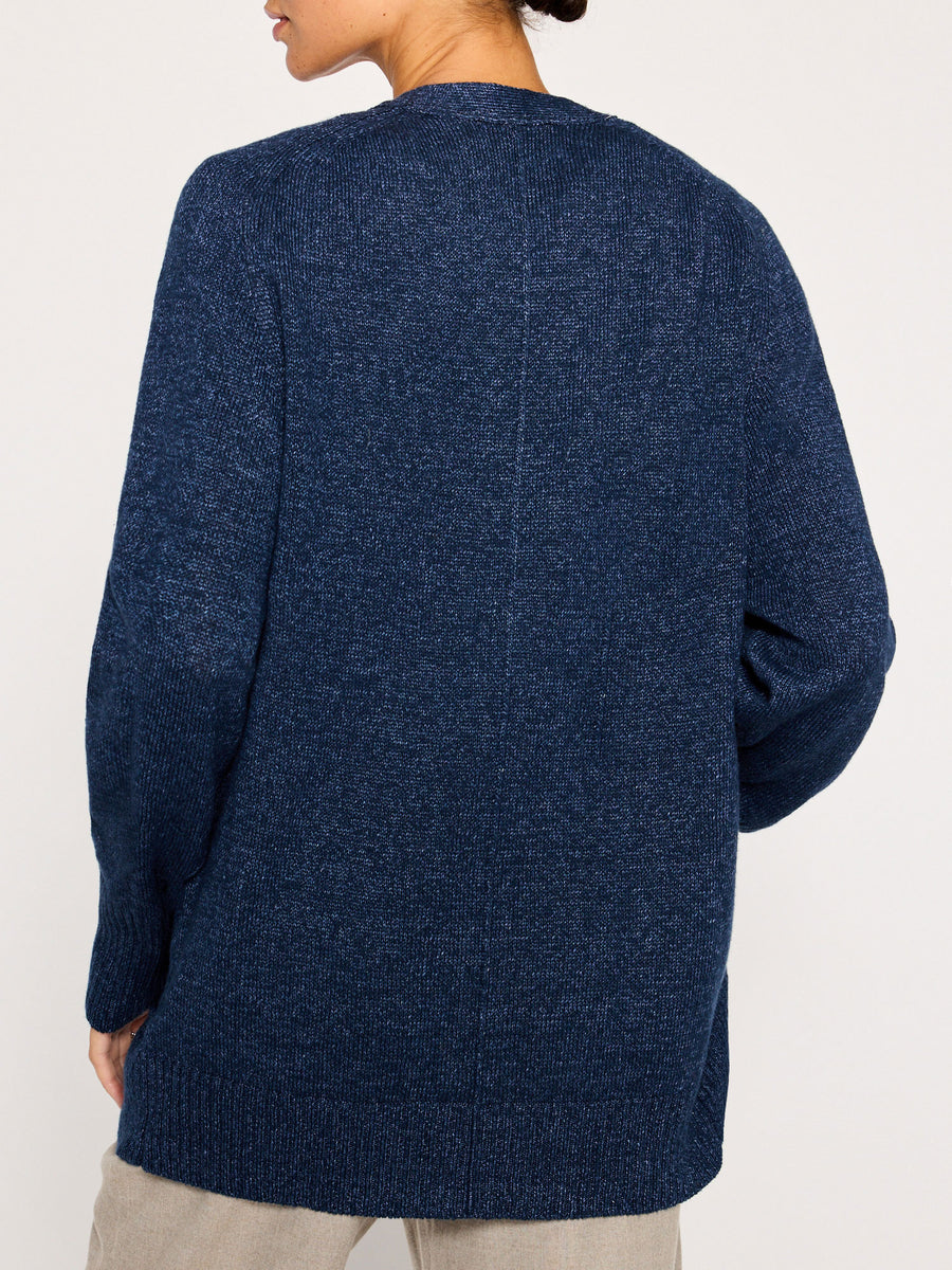 Cristie dark blue v-neck cardigan sweater back view