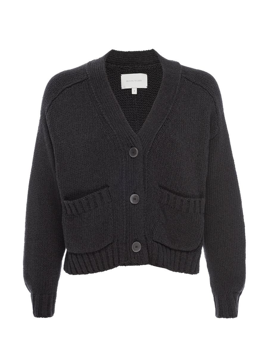 Cropped black linen cotton cardigan sweater flat view