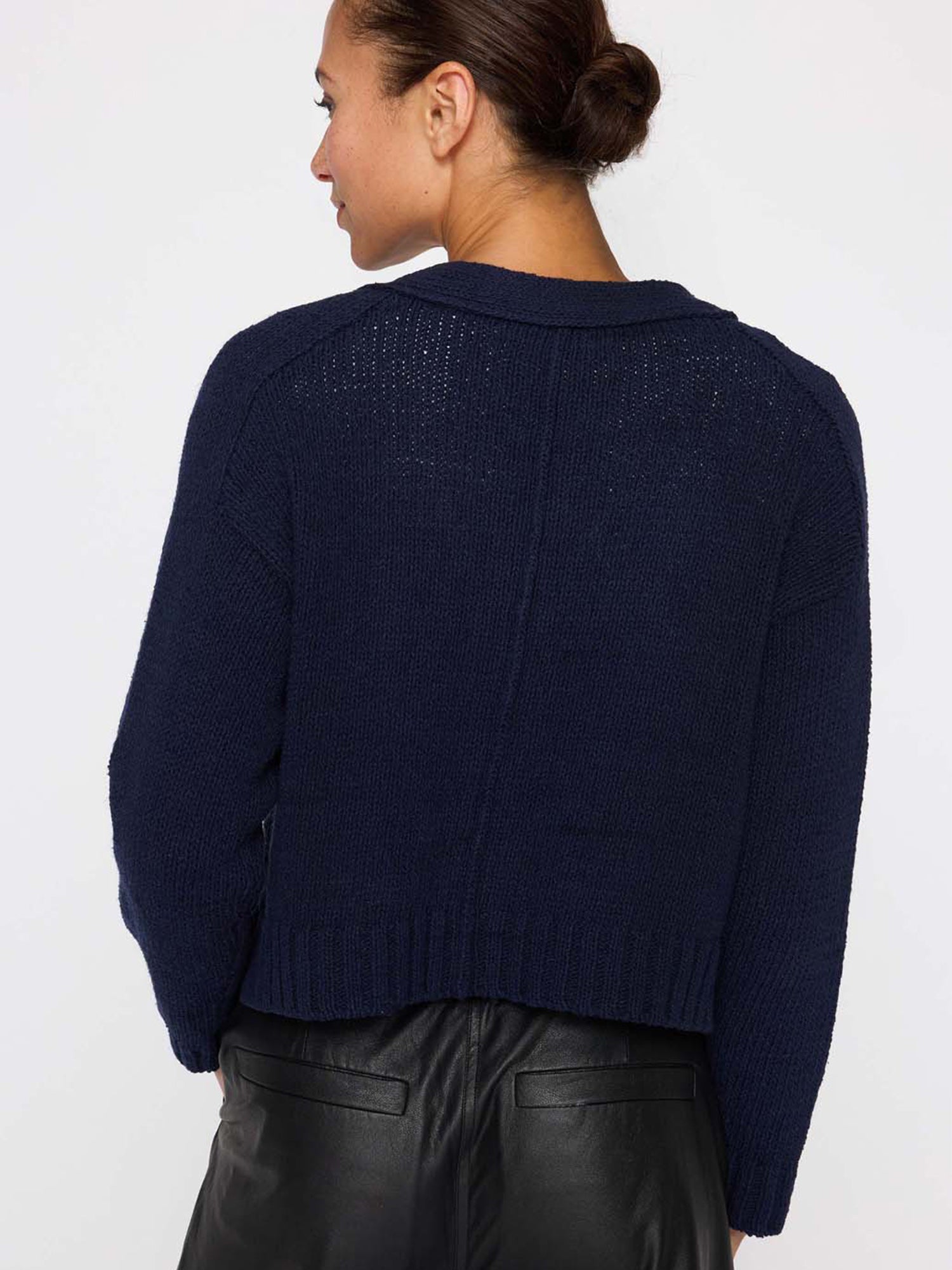 Cropped navy linen cotton cardigan sweater back view