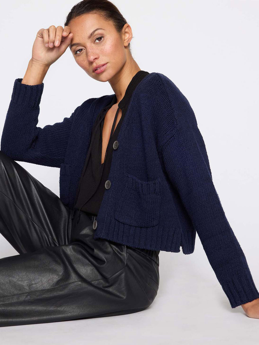 Cropped navy linen cotton cardigan sweater side view