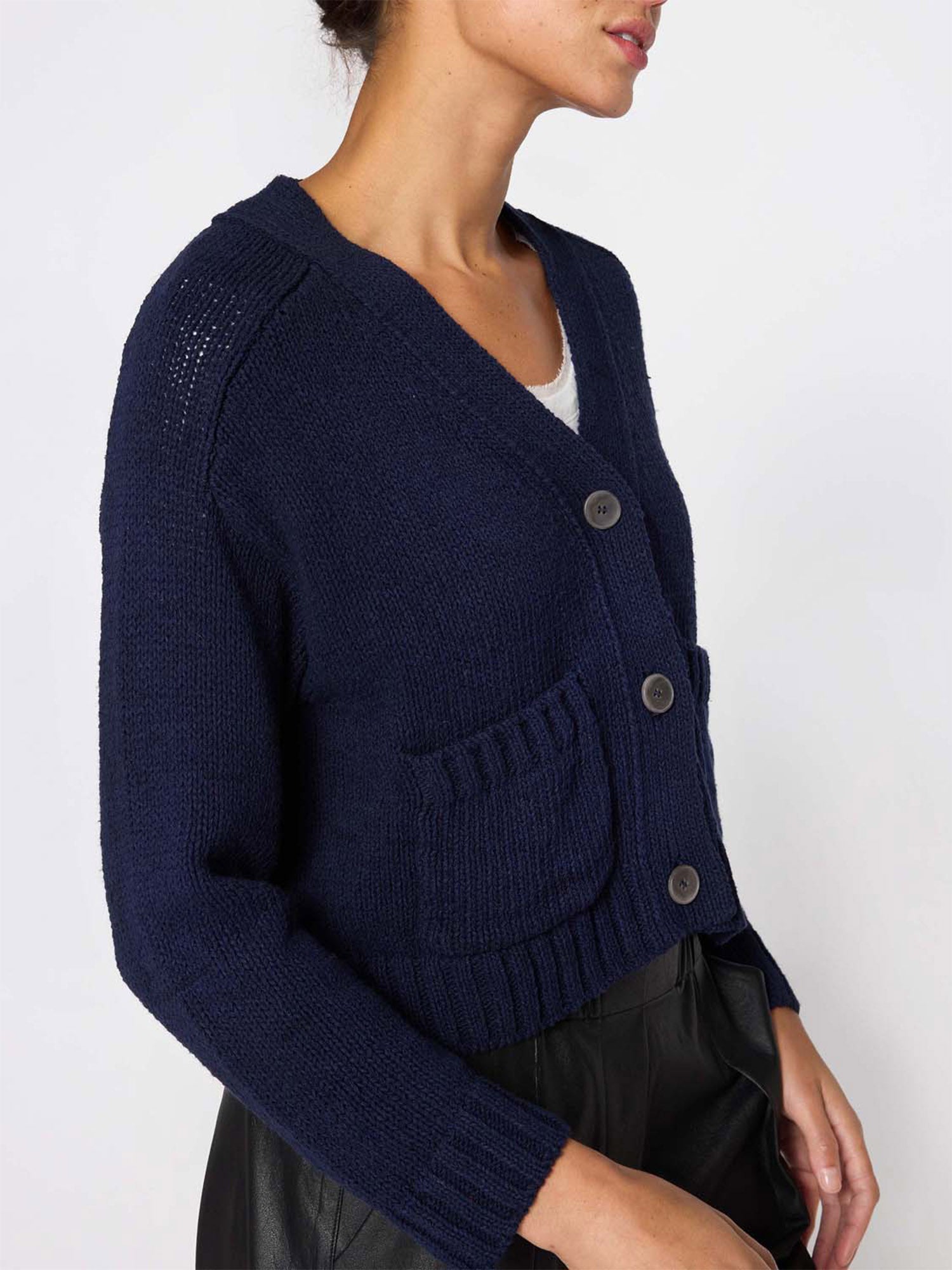 Cropped navy linen cotton cardigan sweater side view 2