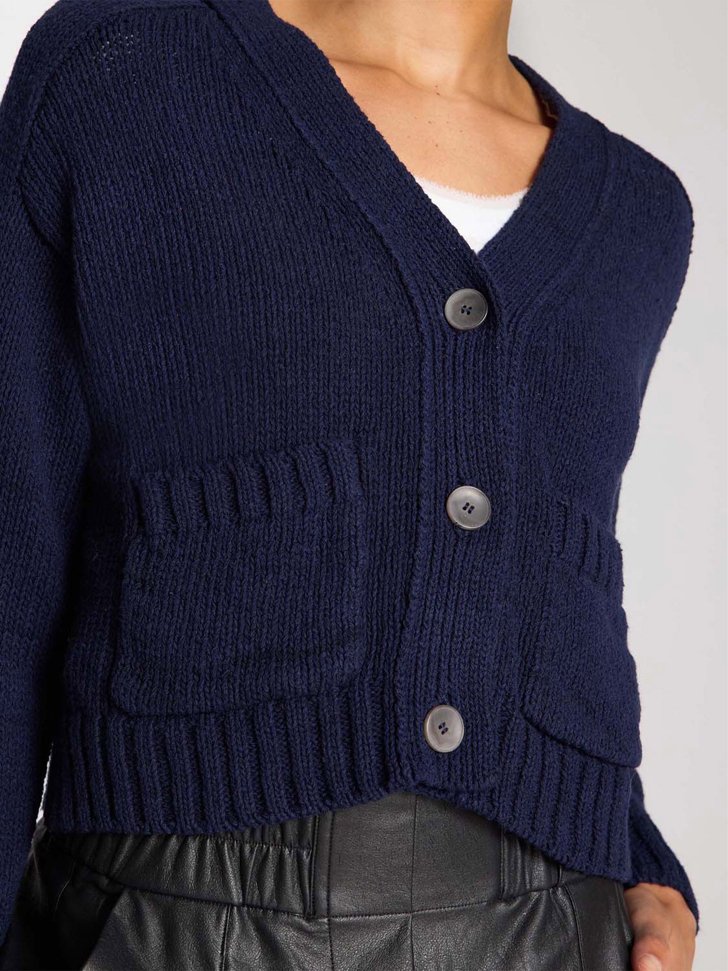 Cropped navy linen cotton cardigan sweater close up