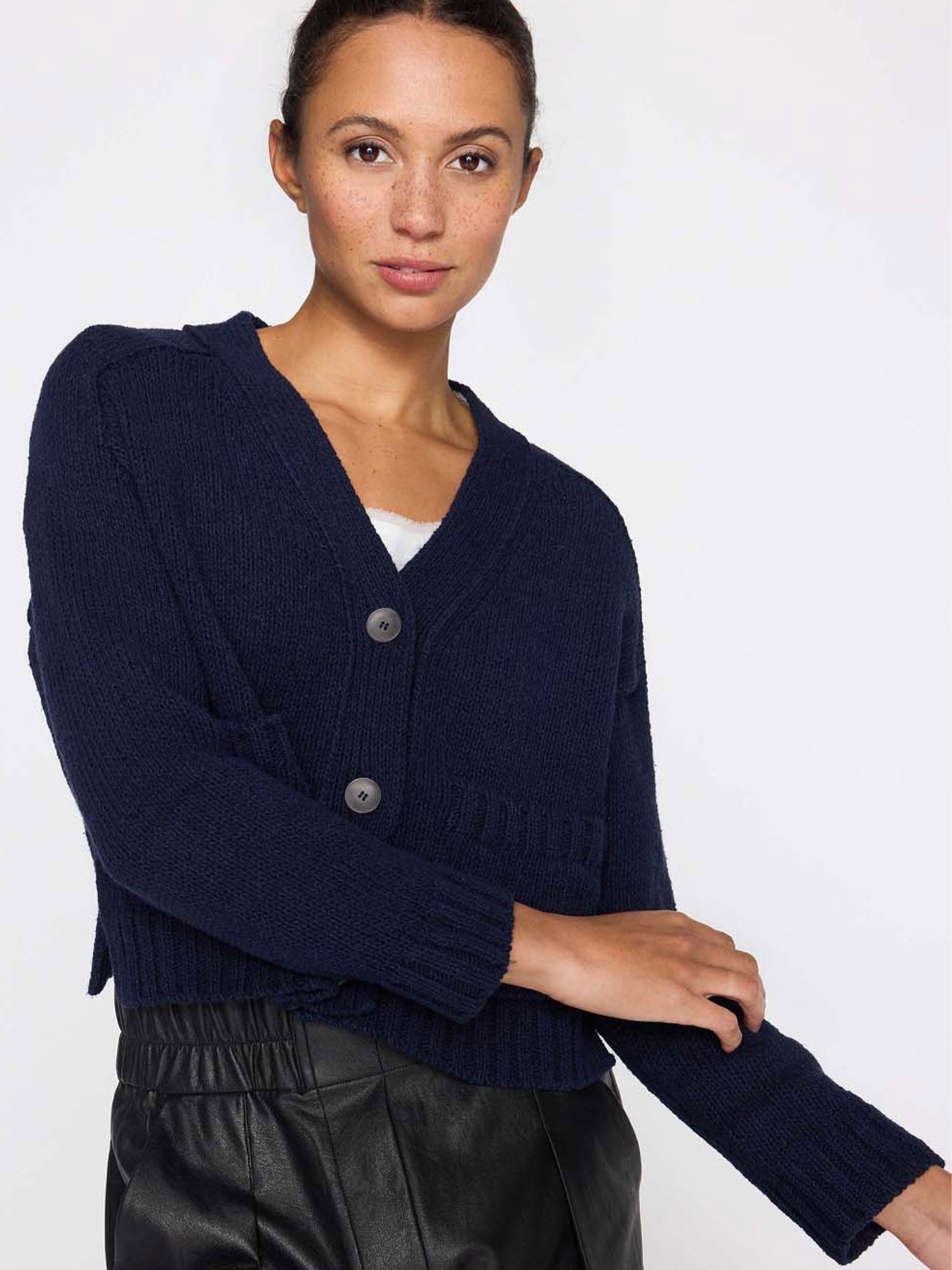 Cropped navy linen cotton cardigan sweater front view 3