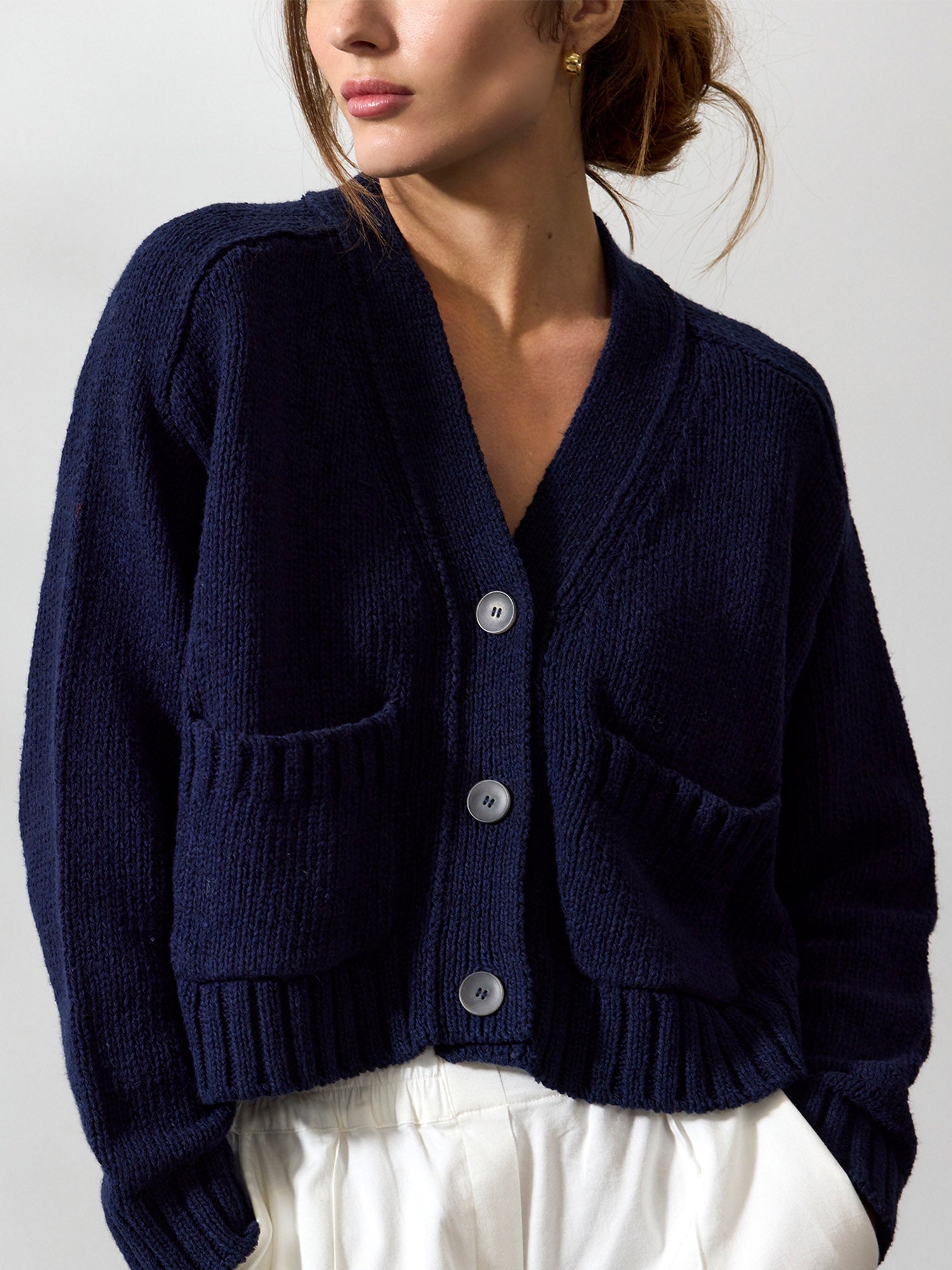 Cropped navy linen cotton cardigan sweater front view
