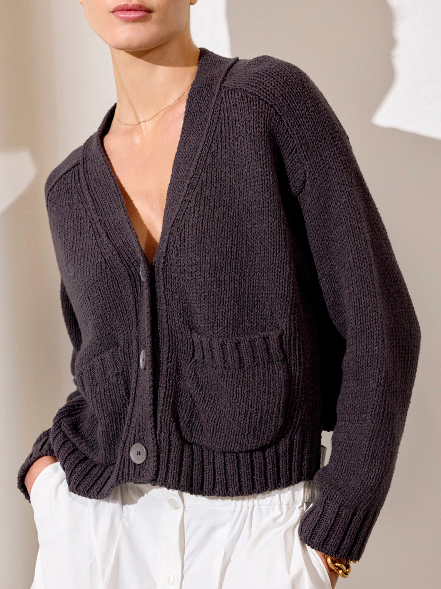 Cropped black linen cotton cardigan sweater front view