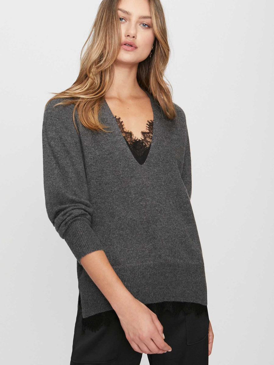 Dark grey lace layered v-neck sweater front view 2