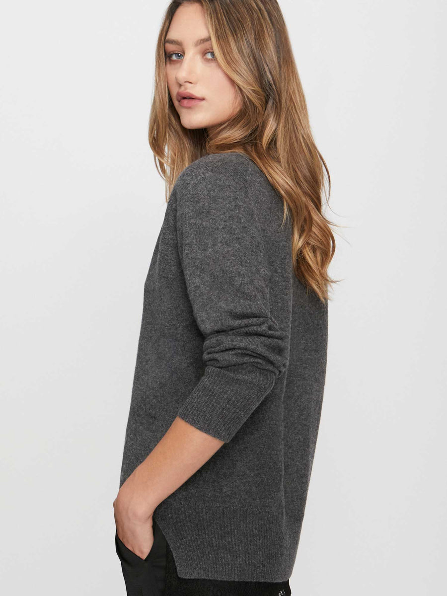 Dark grey lace layered v-neck sweater side view
