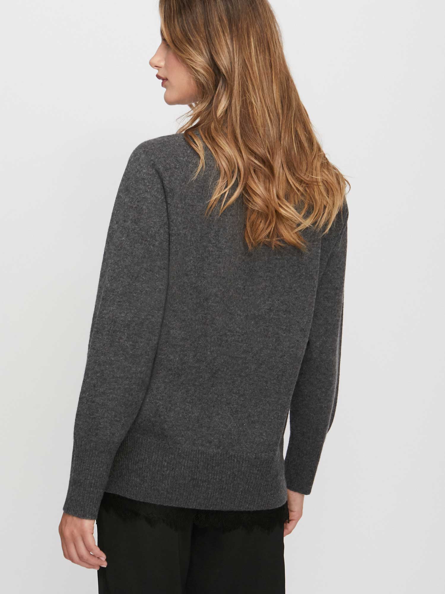 Dark grey lace layered v-neck sweater back view
