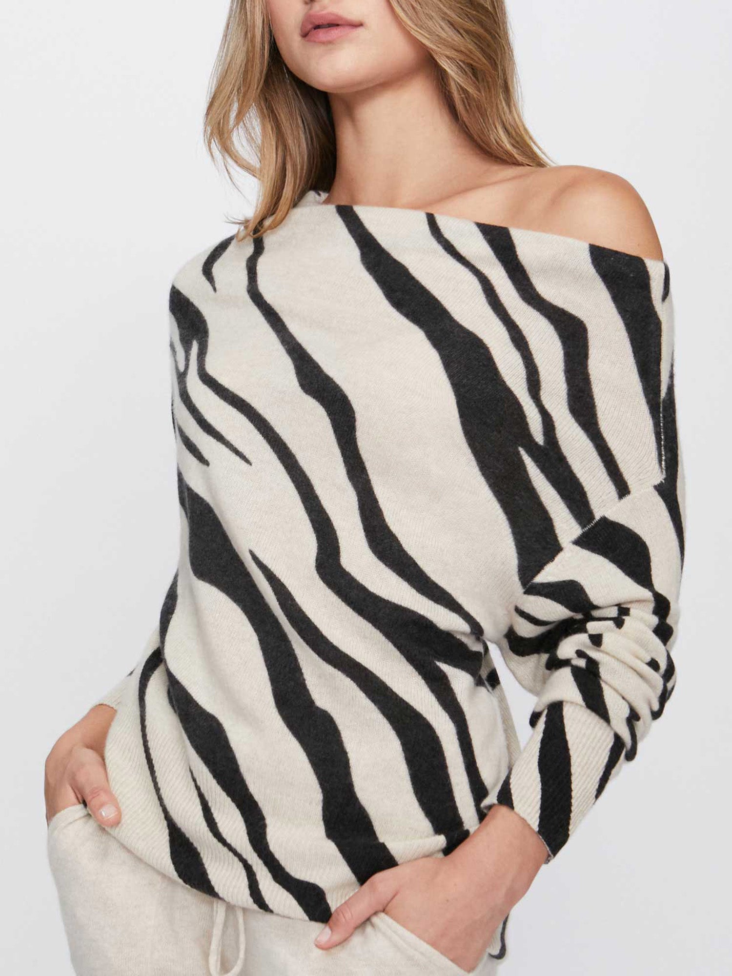 Lori cashmere off shoulder zebra print sweater front view 2