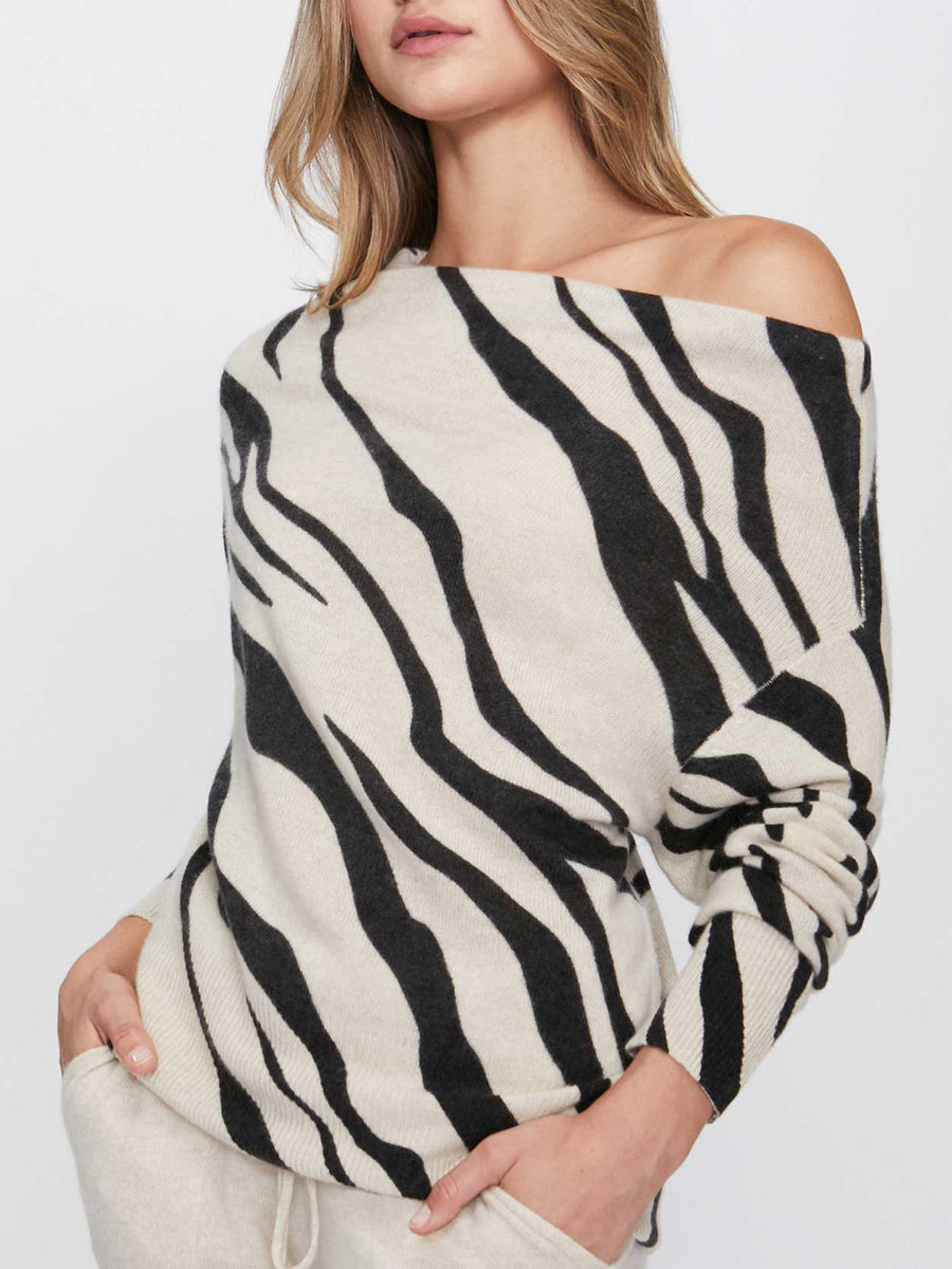 Lori cashmere off shoulder zebra print sweater front view 2