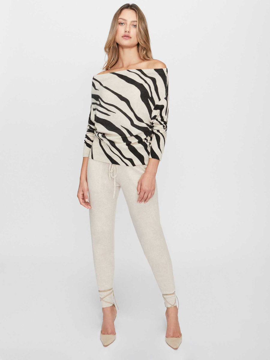 Lori cashmere off shoulder zebra print sweater full view