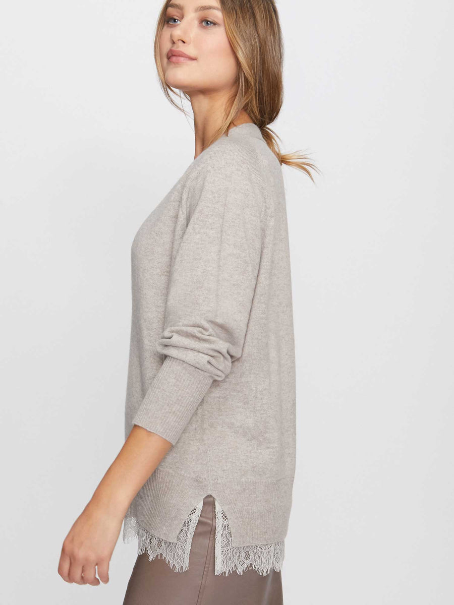 Light grey lace layered v-neck sweater side view