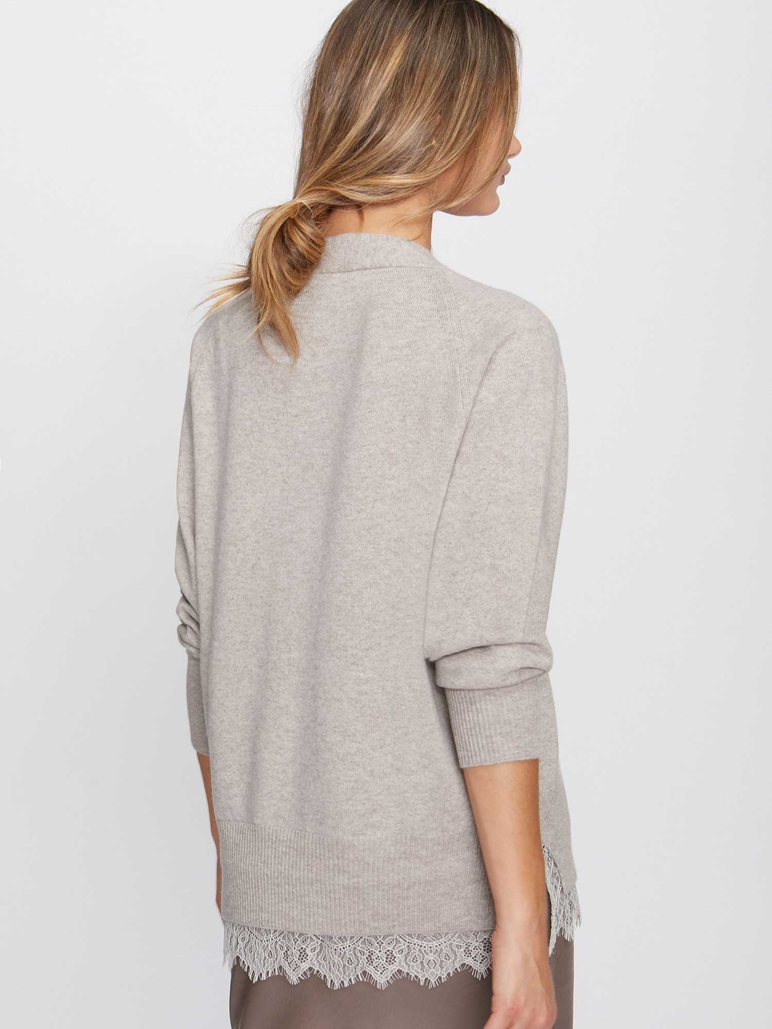 Light grey lace layered v-neck sweater back view