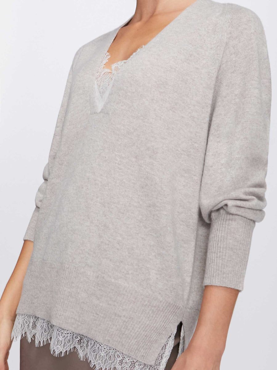 Light grey lace layered v-neck sweater side view 2