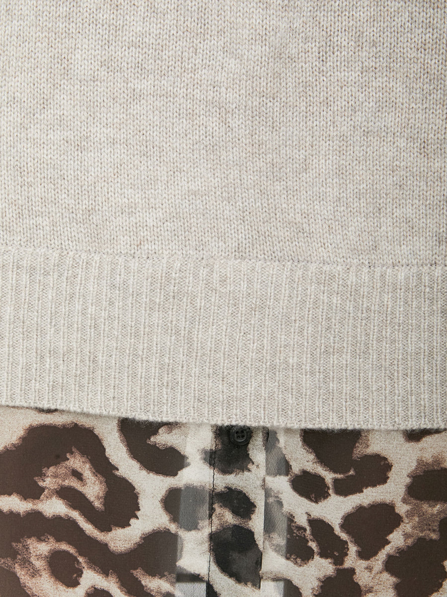 Looker layered v-neck grey and animal print mini sweater dress close up 2