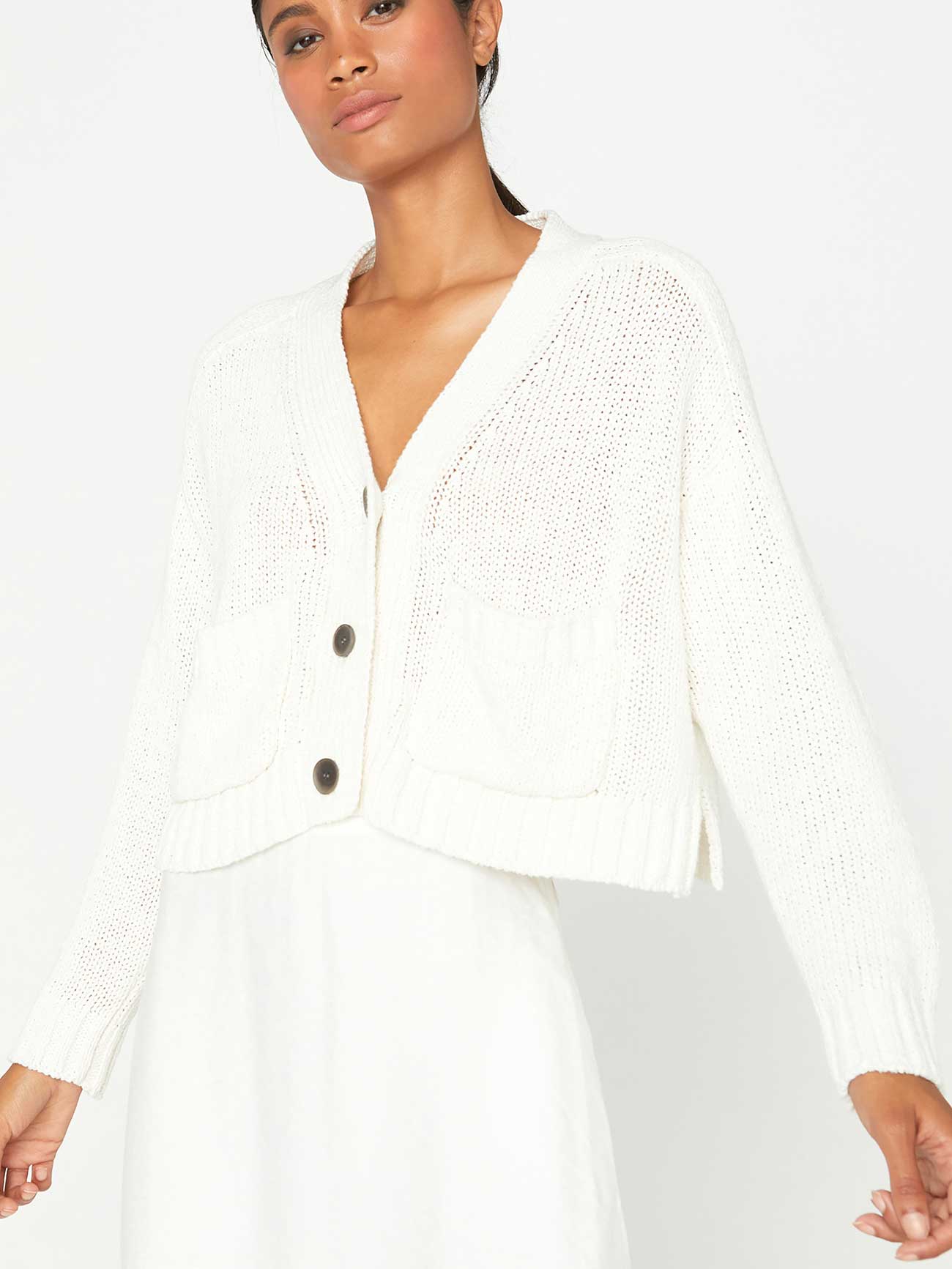 Cropped white linen cotton cardigan sweater front view 3