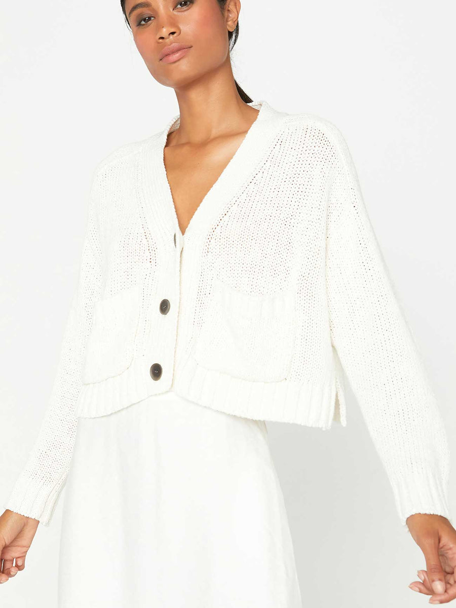 Cropped white linen cotton cardigan sweater front view 3