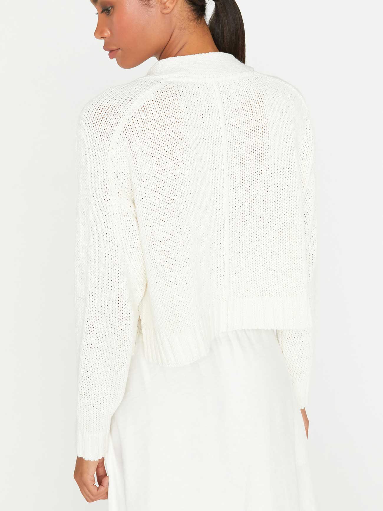 Cropped white linen cotton cardigan sweater back view