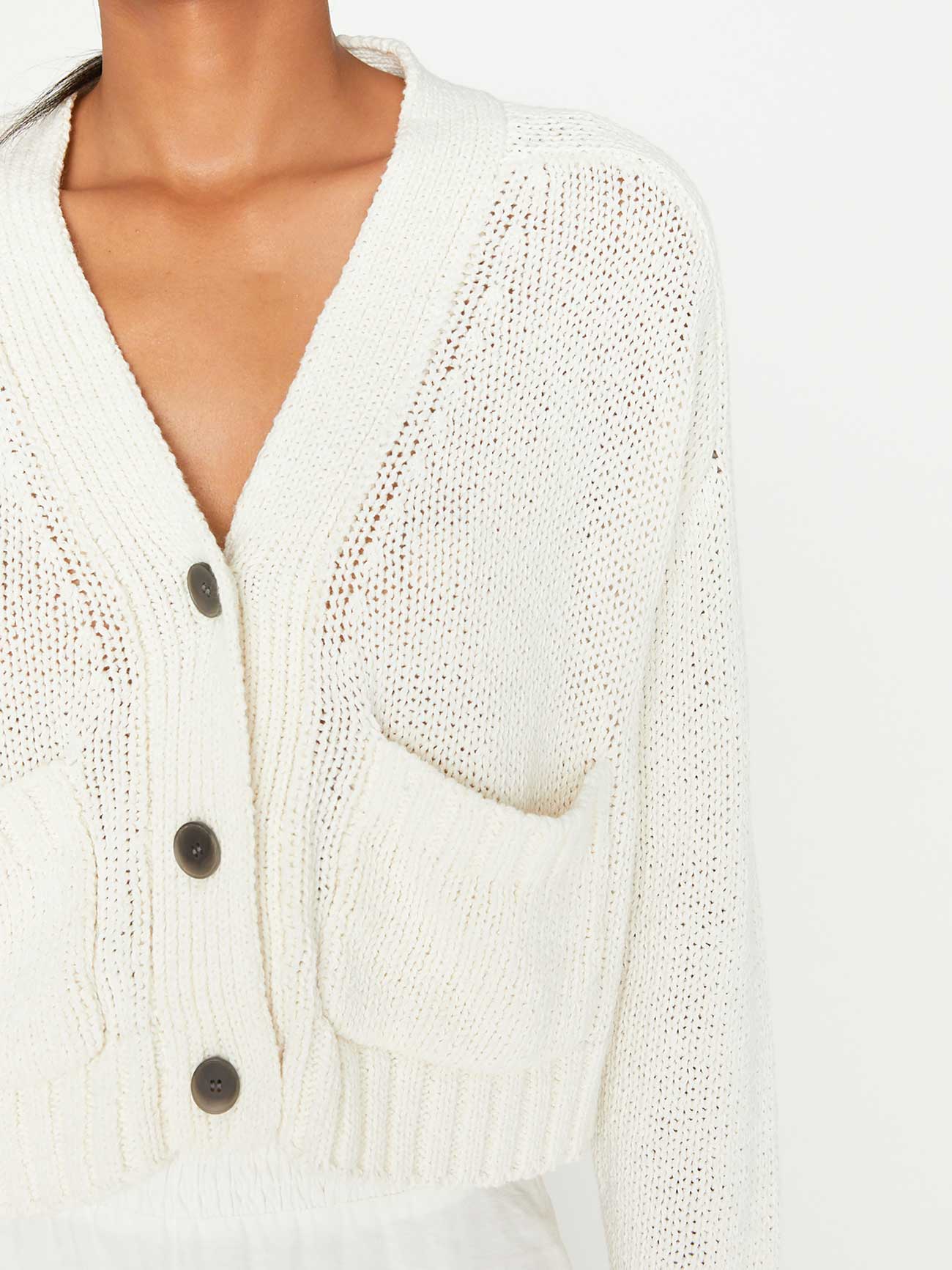 Cropped white linen cotton cardigan sweater front view 2