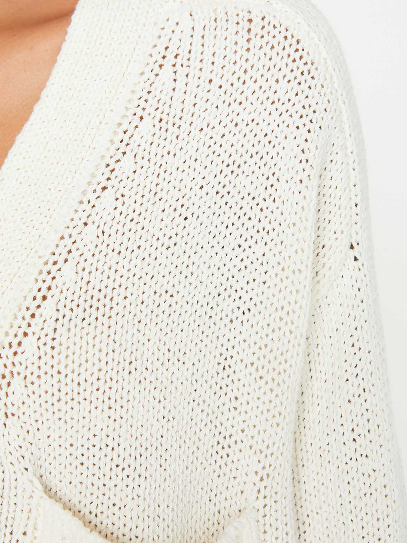 Cropped white linen cotton cardigan sweater close up