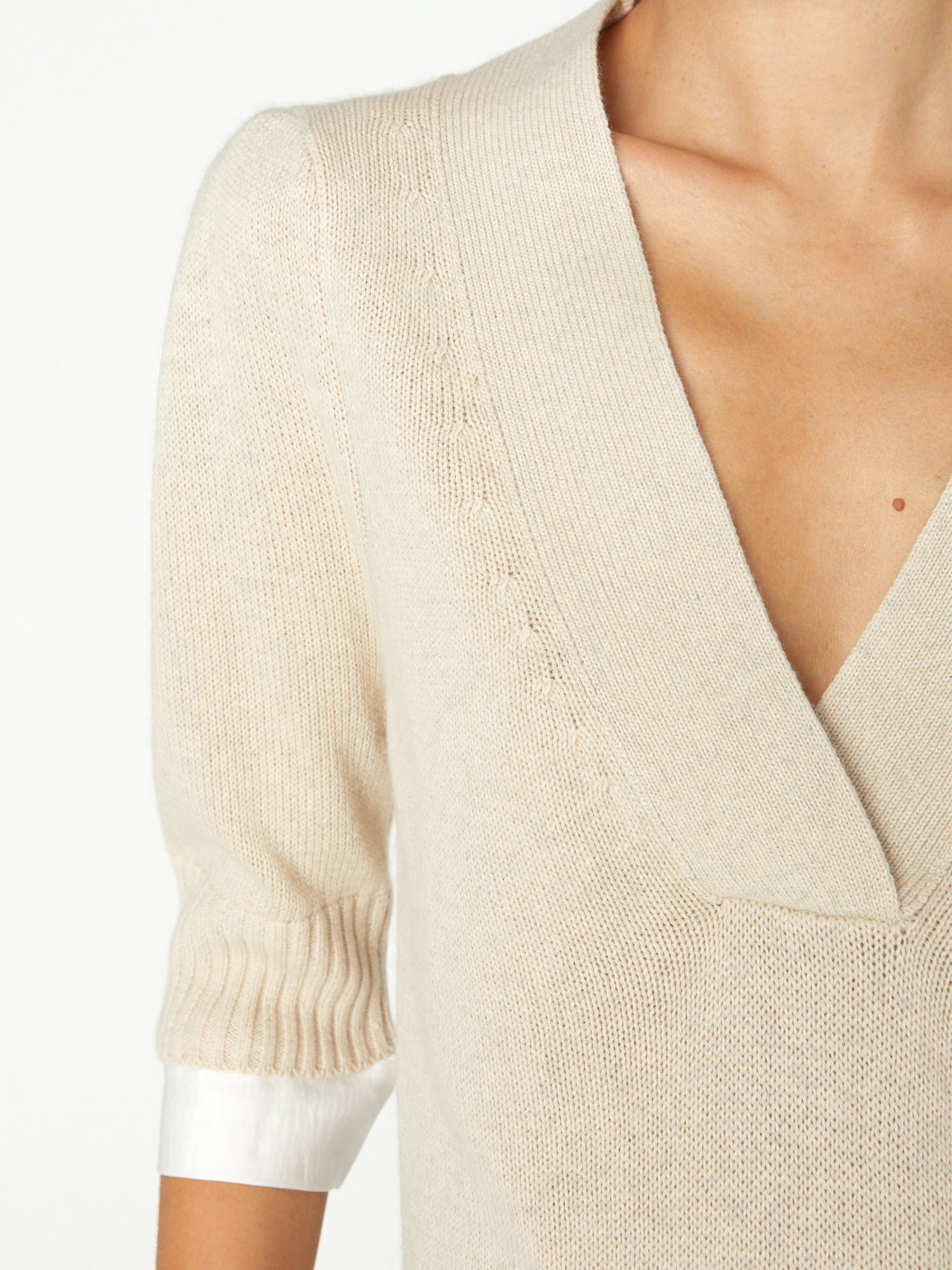 Lucie layered three-quarter sleeve v-neck sweater close up 2