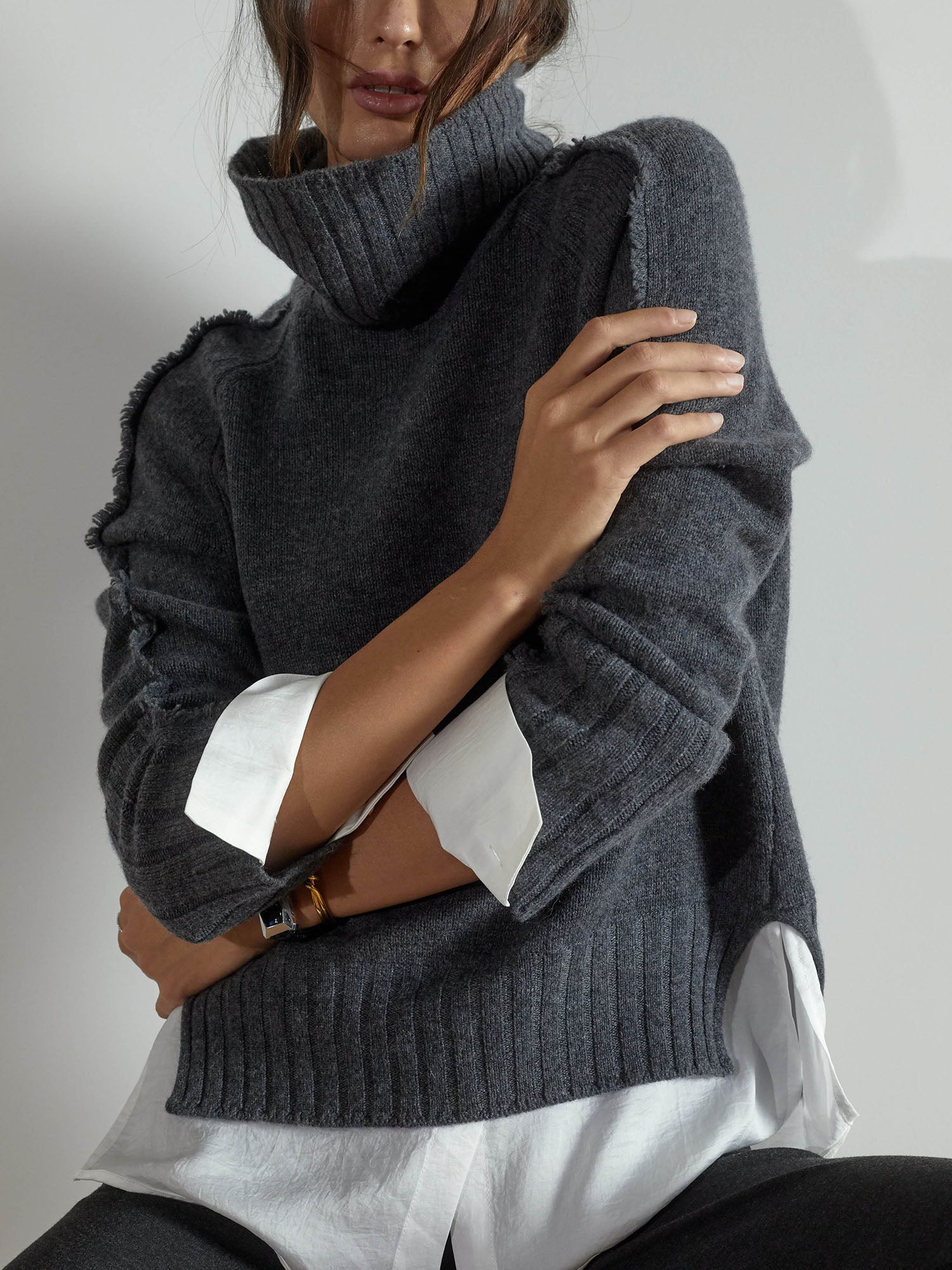 Jolie dark grey layered turtleneck sweater front view