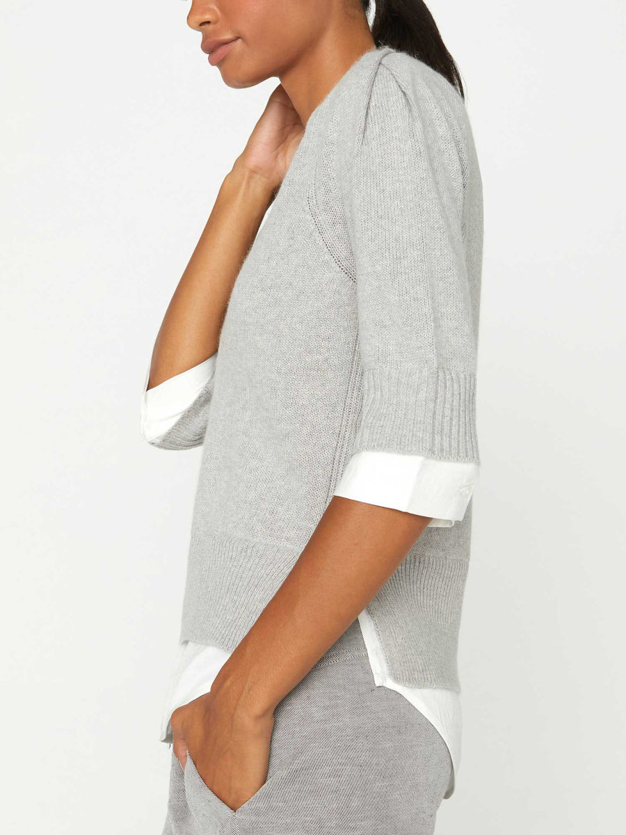 Lucie grey with white layered three-quarter sleeve v-neck sweater side view