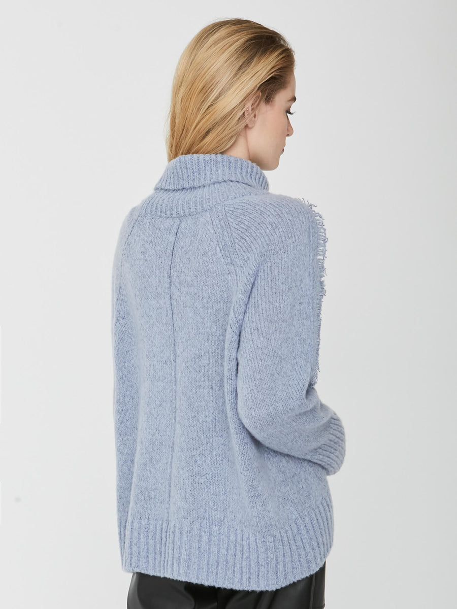 Odene fringe blue wool cashmere turtleneck sweater back view