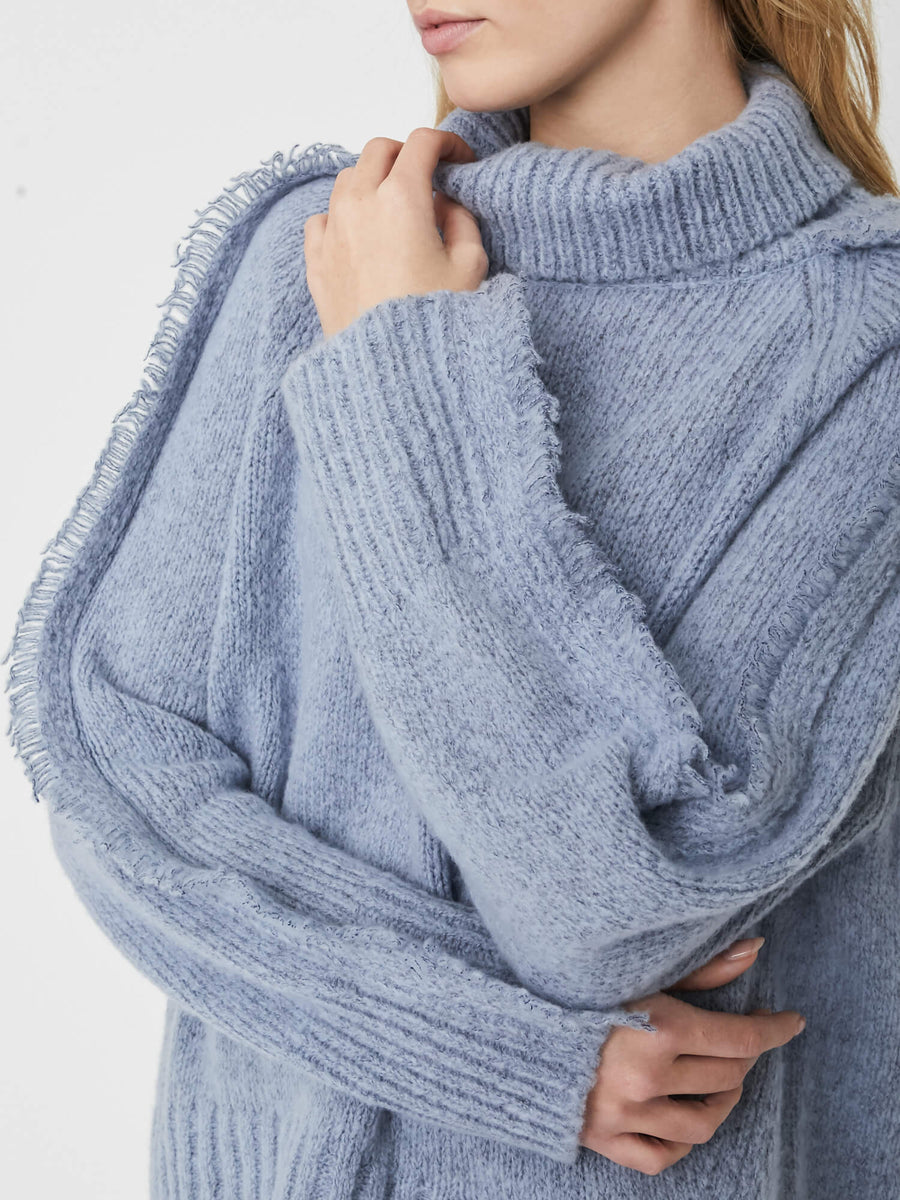 Odene fringe blue wool cashmere turtleneck sweater front view